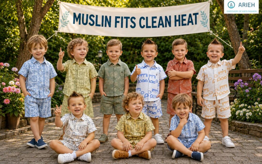 Group of boys wearing Arieh muslin cotton shirt and shorts co-ord sets outdoors