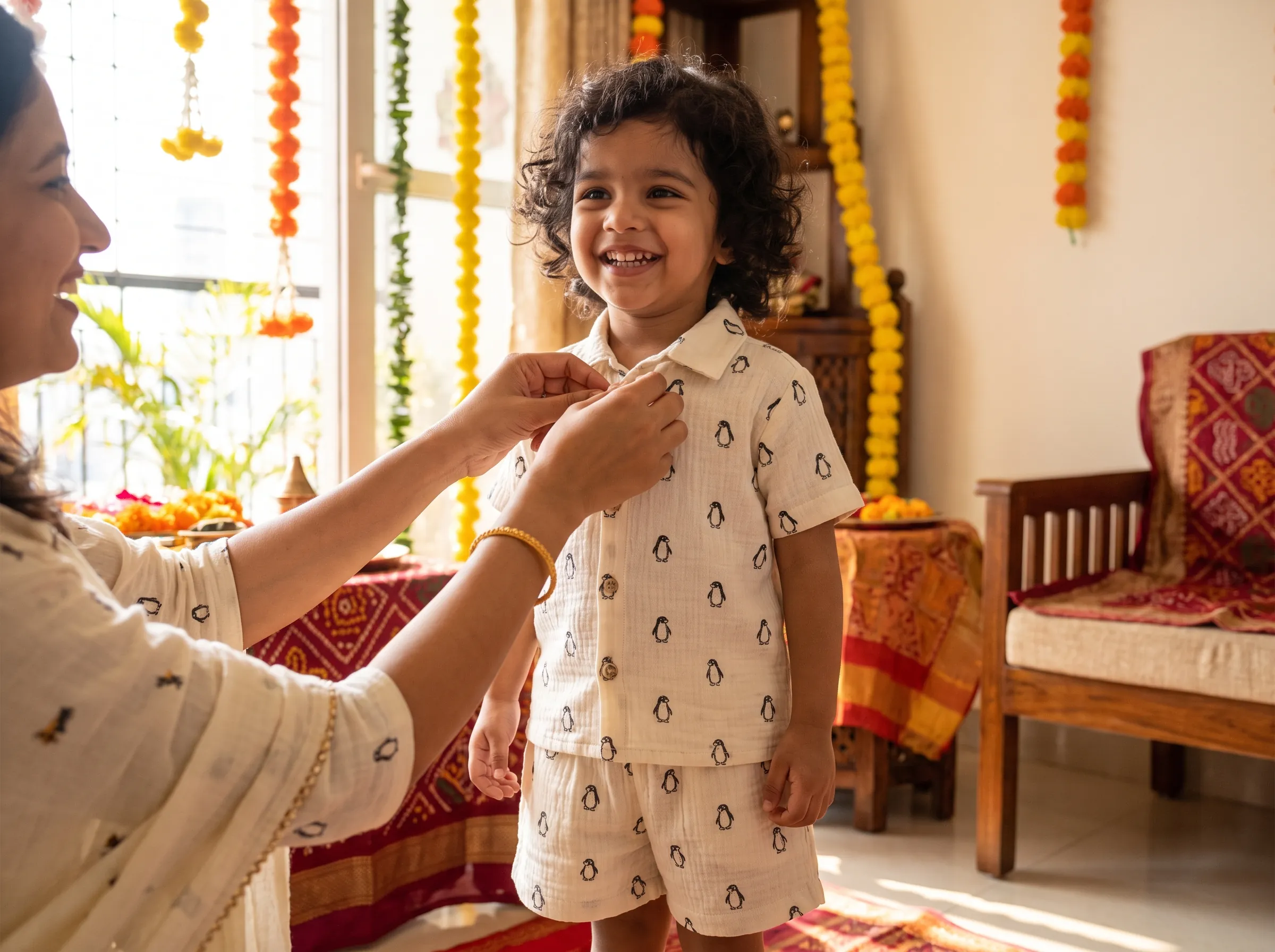 Child wearing ivory muslin co-ord set with penguin print, Raksha Bandhan setting