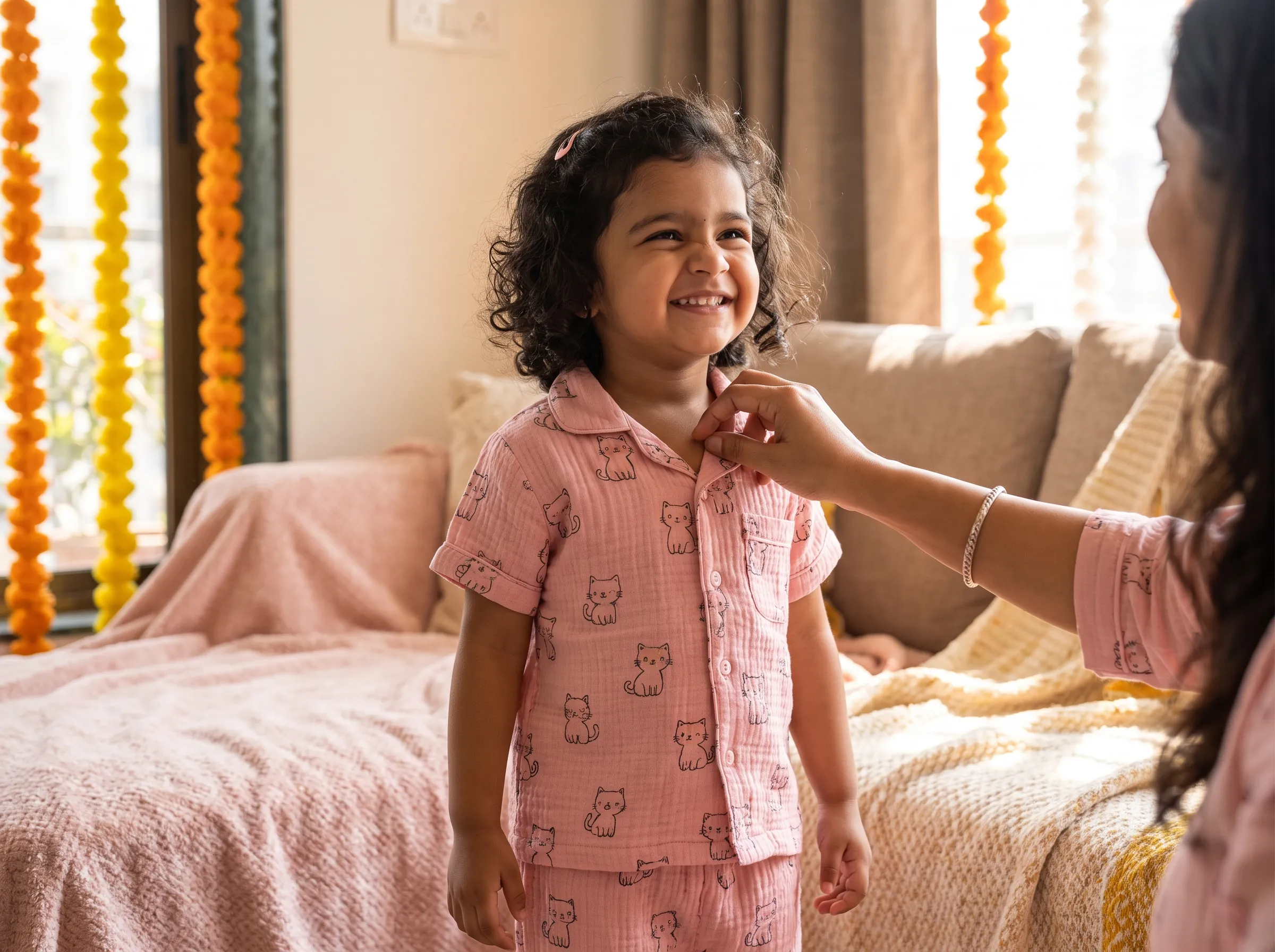 Child wearing pink muslin co-ord set with kitty print, festive Raksha Bandhan celebration