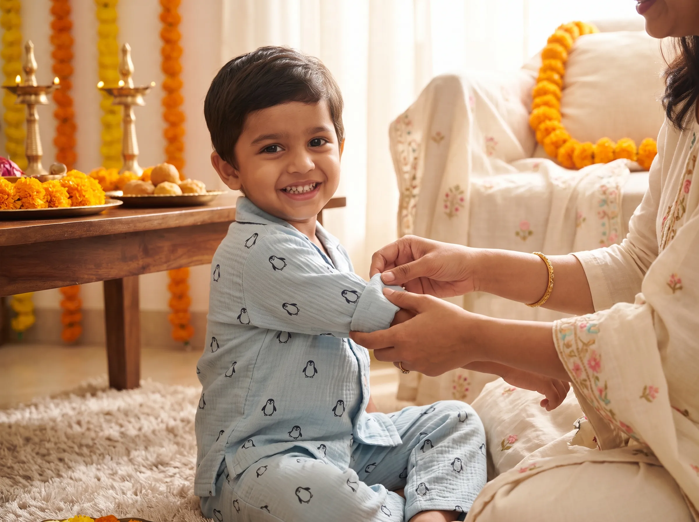 Child wearing light blue muslin co-ord set with penguin print, Raksha Bandhan celebration