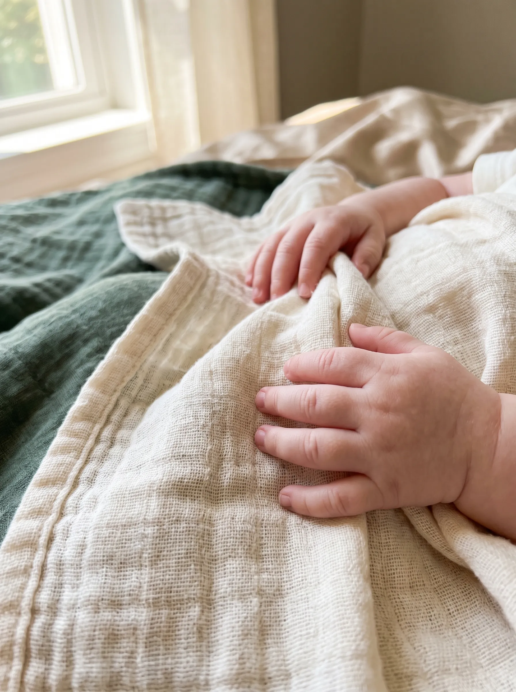 Close-up of baby's hands on soft organic muslin fabric showing open weave texture