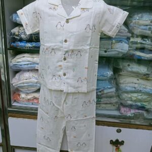 Muslin Penguin Print Night Suit (White)